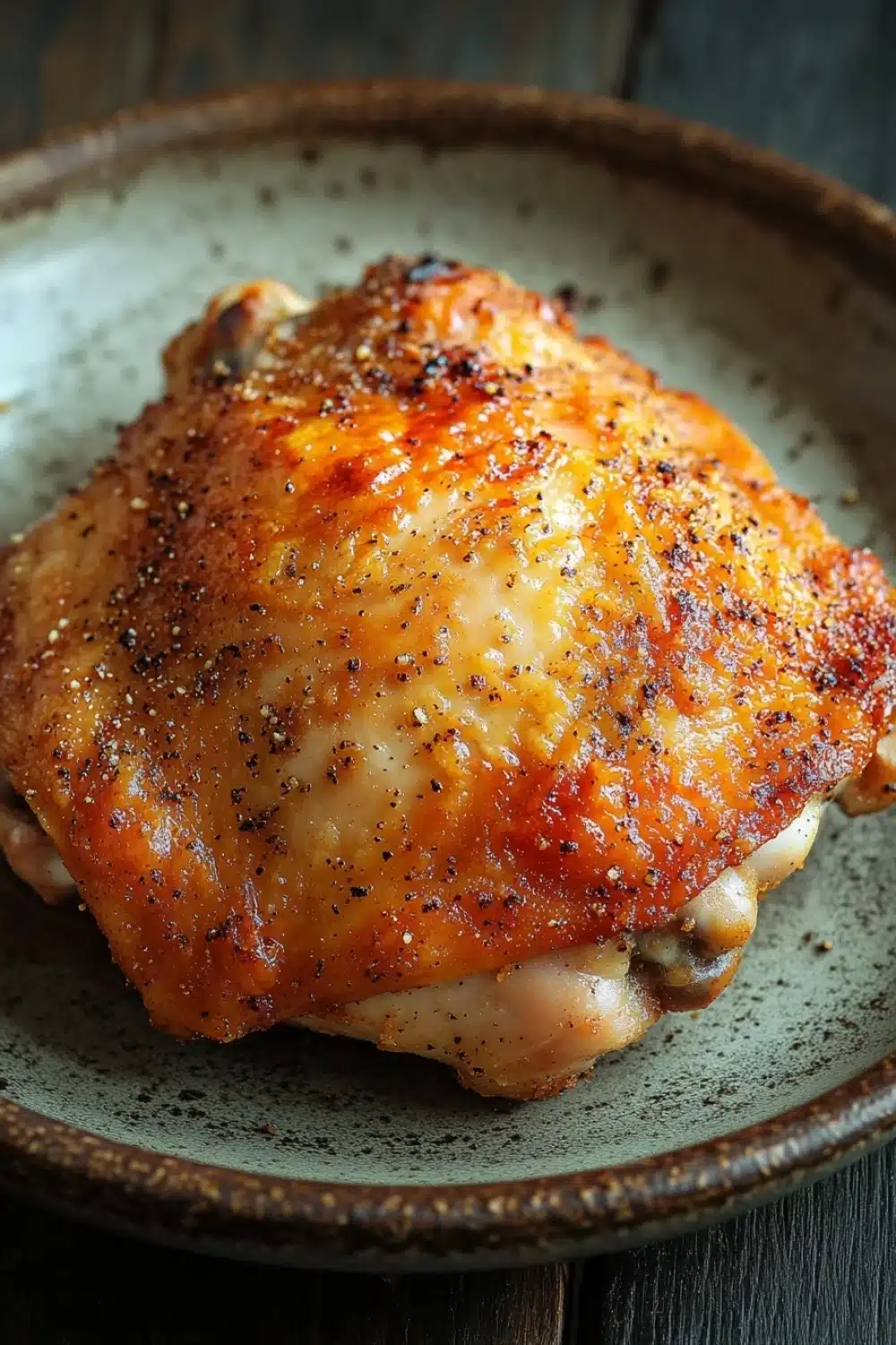 Baked chicken thighs bone in oven - the image shows a close-up of a piece of cooked chicken on a plate. the chicken appears to be seasoned with herbs and spices, giving it a golden-brown color. the plate is round and has a dark brown rim. the background is blurred, but it seems to be a wooden table or countertop. the focus of the image is on the chicken, which is the main focus.
