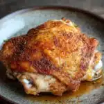 Baked chicken thighs dry rub - the image shows a plate of food on a wooden table. the plate is round and has a dark brown rim. on top of the plate, there is a piece of cooked chicken with a golden brown crust on top. the chicken appears to be seasoned with herbs and spices, giving it a savory flavor. the dish is garnished with a sprinkle of herbs on top, adding a pop of color to the plate. the background is blurred, making the plate the focal point of the image.