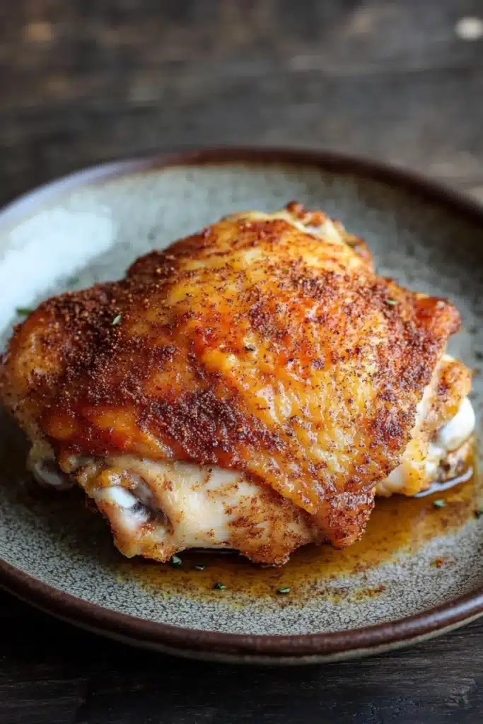 Baked chicken thighs dry rub - the image shows a plate of food on a wooden table. the plate is round and has a dark brown rim. on top of the plate, there is a piece of cooked chicken with a golden brown crust on top. the chicken appears to be seasoned with herbs and spices, giving it a savory flavor. the dish is garnished with a sprinkle of herbs on top, adding a pop of color to the plate. the background is blurred, making the plate the focal point of the image.