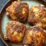 Baked chicken thighs dry rub - the image shows four pieces of grilled chicken breasts on a brown plate. the chicken breasts are golden brown and appear to be seasoned with sesame seeds. the plate is sitting on a dark grey countertop. the background is blurred, making the chicken breasts the focal point of the image.