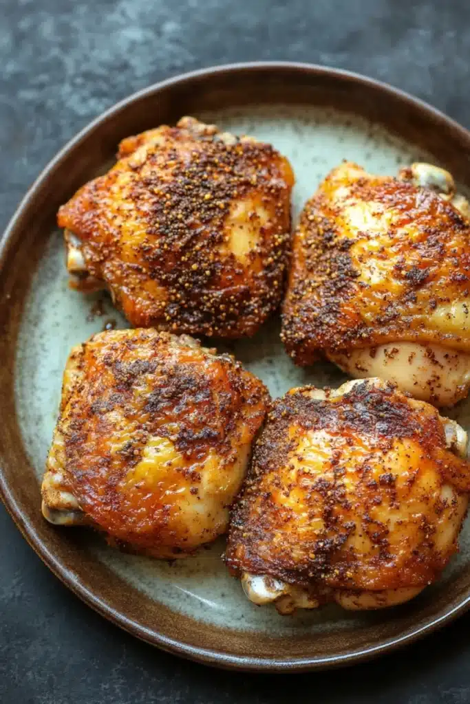 Baked chicken thighs dry rub - the image shows four pieces of grilled chicken breasts on a brown plate. the chicken breasts are golden brown and appear to be seasoned with sesame seeds. the plate is sitting on a dark grey countertop. the background is blurred, making the chicken breasts the focal point of the image.