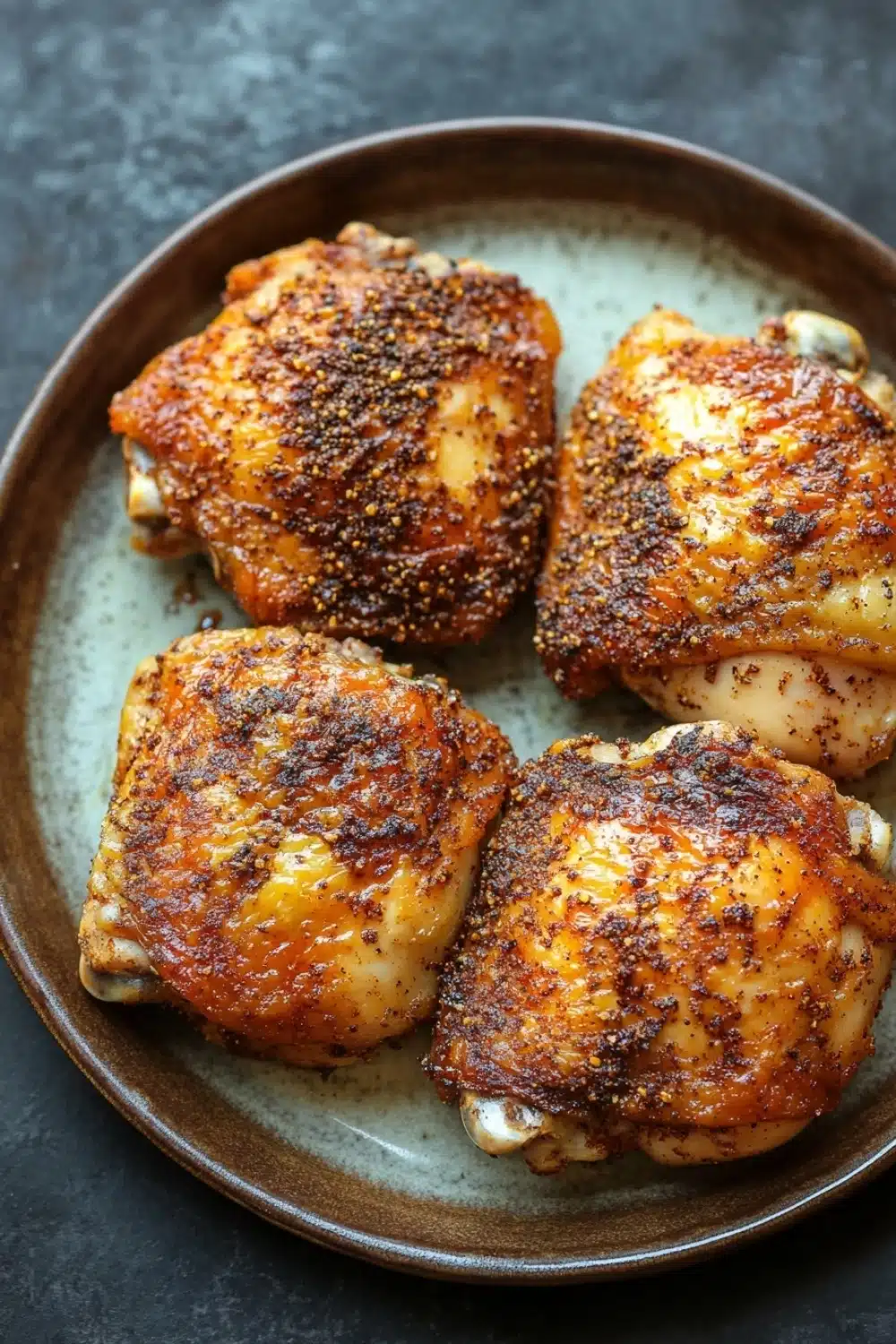 Baked chicken thighs dry rub - the image shows four pieces of grilled chicken breasts on a brown plate. the chicken breasts are golden brown and appear to be seasoned with sesame seeds. the plate is sitting on a dark grey countertop. the background is blurred, making the chicken breasts the focal point of the image.