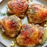 Baked chicken thighs mustard - the image shows a plate of four pieces of chicken breasts on a white marble countertop. the chicken breasts are golden brown and appear to be seasoned with herbs and spices. they are arranged in a circular pattern on the plate, with some of them overlapping each other. the plate is garnished with a sprig of thyme and a drizzle of olive oil. there are also some nuts scattered around the plate. the overall presentation of the dish is elegant and appetizing.