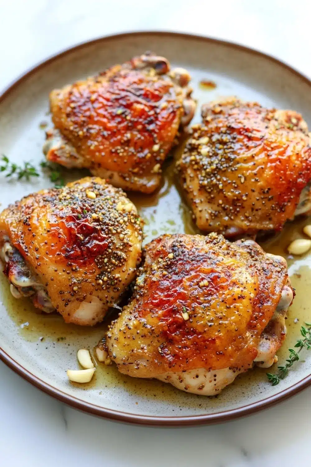 Baked chicken thighs mustard - the image shows a plate of four pieces of chicken breasts on a white marble countertop. the chicken breasts are golden brown and appear to be seasoned with herbs and spices. they are arranged in a circular pattern on the plate, with some of them overlapping each other. the plate is garnished with a sprig of thyme and a drizzle of olive oil. there are also some nuts scattered around the plate. the overall presentation of the dish is elegant and appetizing.