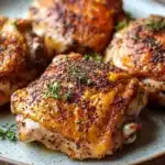 Baked chicken thighs mustard - the image shows a plate of grilled chicken drumsticks. the drumsticks are golden brown and appear to be seasoned with herbs and spices. they are arranged in a circular pattern on the plate, with some overlapping each other. the plate is made of a light-colored wood, and the background is blurred, making the drumsticks the focal point of the image.