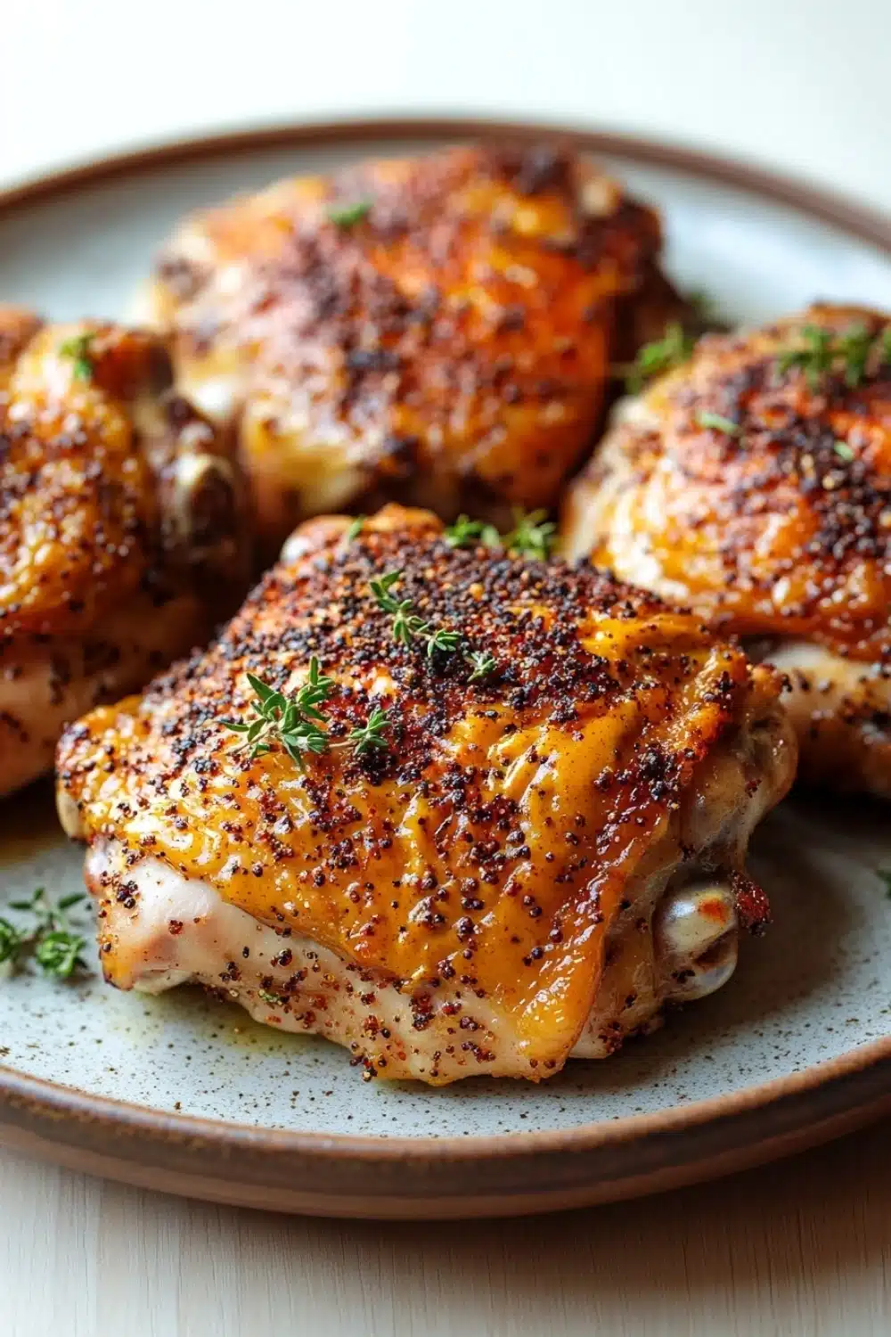 Baked chicken thighs mustard - the image shows a plate of grilled chicken drumsticks. the drumsticks are golden brown and appear to be seasoned with herbs and spices. they are arranged in a circular pattern on the plate, with some overlapping each other. the plate is made of a light-colored wood, and the background is blurred, making the drumsticks the focal point of the image.