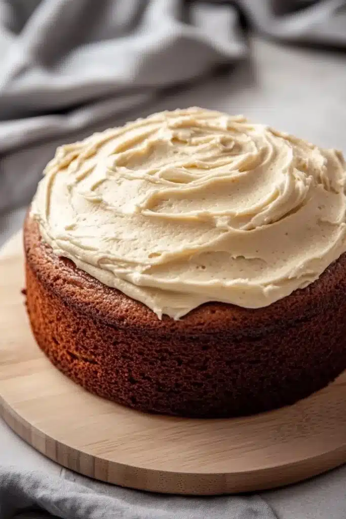 Banana bread birthday cake - the image is of a round cake on a wooden cutting board. the cake appears to be a chocolate cake with a golden brown crust. on top of the cake, there is a generous layer of creamy white frosting that is spread evenly across the cake. the frosting is smooth and smooth, and it looks like it has been freshly baked. the cutting board is placed on a gray tablecloth, and the background is blurred, making the cake the focal point of the image.
