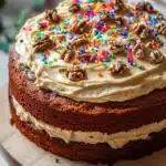 Banana bread birthday cake - the image is of a round cake on a wooden cutting board. the cake appears to be a chocolate cake with a layer of frosting on top. the frosting is a light beige color and is spread evenly across the cake. on top of the frosting, there are small sprinkles of colorful sprinkles in shades of pink, blue, green, and yellow. there are also a few pecans scattered around the cake, adding a pop of color to the overall design. in the background, there is a bunch of bananas and a white tablecloth.