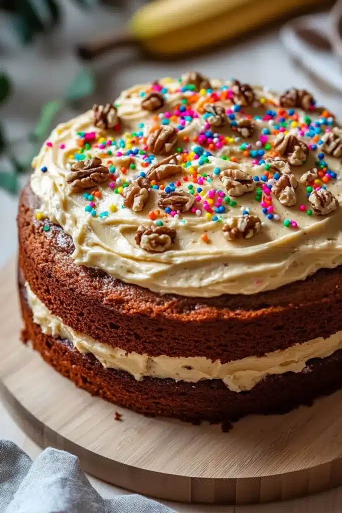 Banana bread birthday cake - the image is of a round cake on a wooden cutting board. the cake appears to be a chocolate cake with a layer of frosting on top. the frosting is a light beige color and is spread evenly across the cake. on top of the frosting, there are small sprinkles of colorful sprinkles in shades of pink, blue, green, and yellow. there are also a few pecans scattered around the cake, adding a pop of color to the overall design. in the background, there is a bunch of bananas and a white tablecloth.