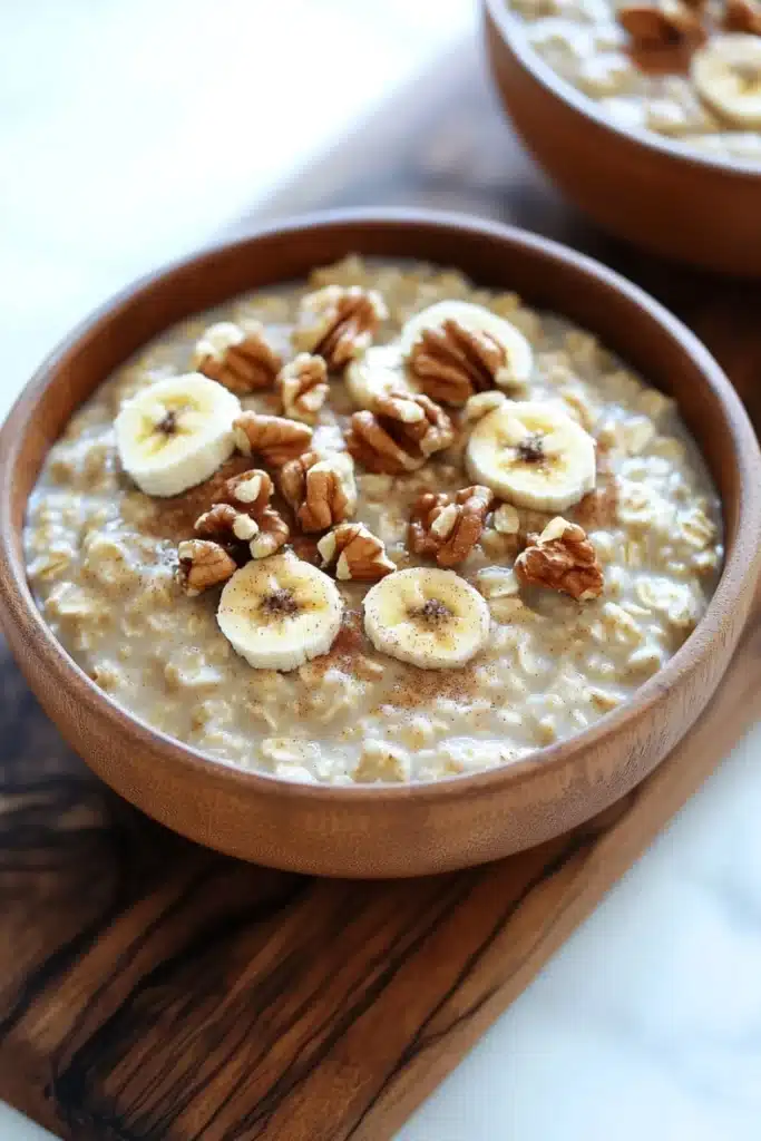 Banana bread oats - the image shows two bowls of oatmeal on a wooden cutting board. the oatmeal is a light brown color and appears to be thick and creamy. on top of the oatmeal, there are sliced bananas and walnuts arranged in a circular pattern. the bananas are cut into thin slices and are placed on top of each other. the walnuts are scattered around the bowl, adding a crunchy texture to the dish. the cutting board is placed on a white marble countertop.