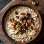 Banana bread oats - the image is a close-up of a bowl of oatmeal on a wooden cutting board. the oatmeal is a light brown color and appears to be thick and creamy. it is topped with sliced bananas, raisins, and walnuts. there are also a few scattered walnuts on the cutting board, adding a crunchy texture to the dish. the bowl is made of wood and has a dark finish. the background is blurred, making the bowl the focal point of the image.