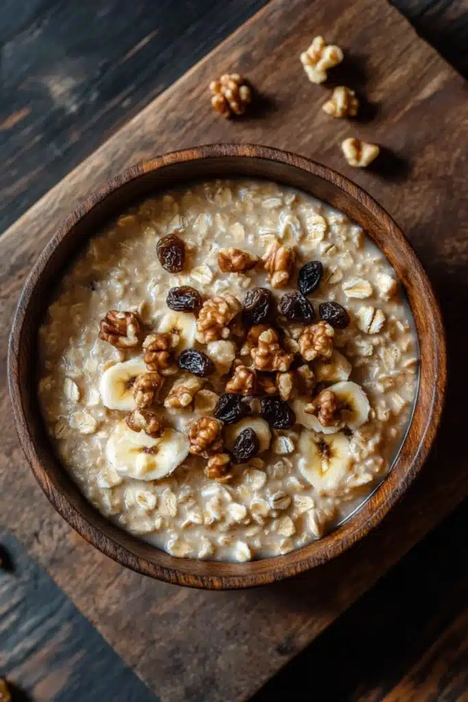 Banana bread oats - the image is a close-up of a bowl of oatmeal on a wooden cutting board. the oatmeal is a light brown color and appears to be thick and creamy. it is topped with sliced bananas, raisins, and walnuts. there are also a few scattered walnuts on the cutting board, adding a crunchy texture to the dish. the bowl is made of wood and has a dark finish. the background is blurred, making the bowl the focal point of the image.