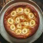Banana cake allrecipes - the image is a close-up of a round cake on a white plate. the cake appears to be freshly baked and has a golden brown crust on top. on top of the cake, there are several sliced bananas arranged in a circular pattern. the bananas are yellow and appear to be ripe and juicy. the plate is sitting on a wooden table with a rustic, weathered look. the overall mood of the image is warm and inviting.