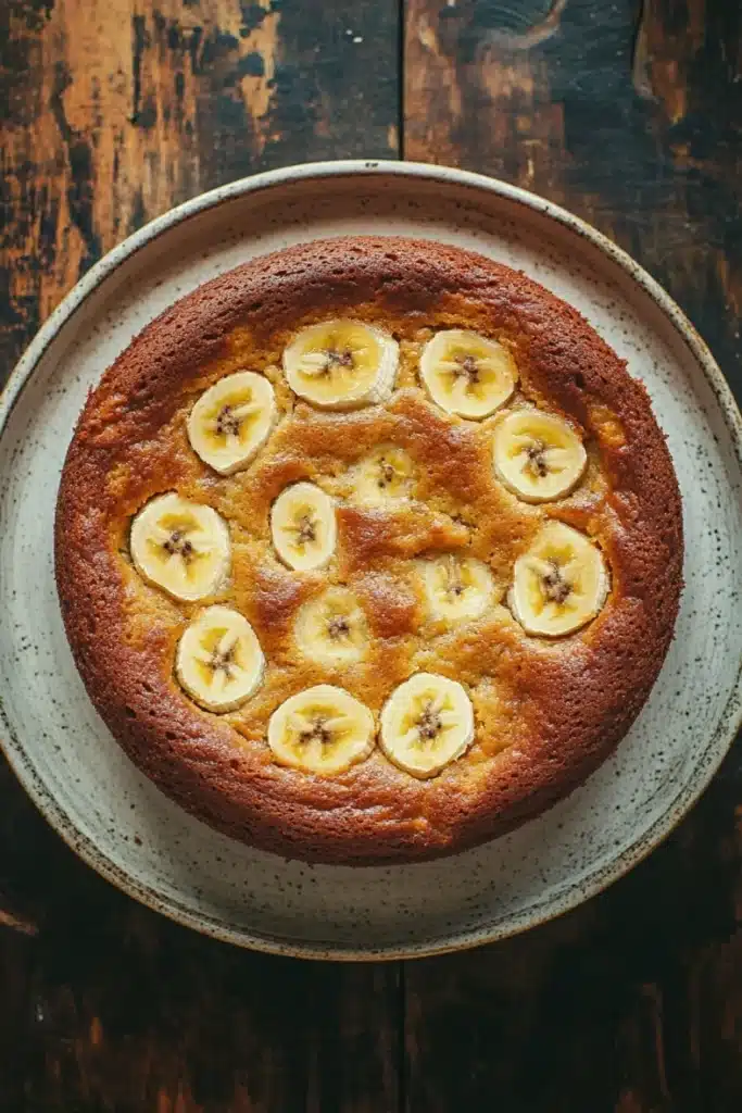 Banana cake allrecipes - the image is a close-up of a round cake on a white plate. the cake appears to be freshly baked and has a golden brown crust on top. on top of the cake, there are several sliced bananas arranged in a circular pattern. the bananas are yellow and appear to be ripe and juicy. the plate is sitting on a wooden table with a rustic, weathered look. the overall mood of the image is warm and inviting.