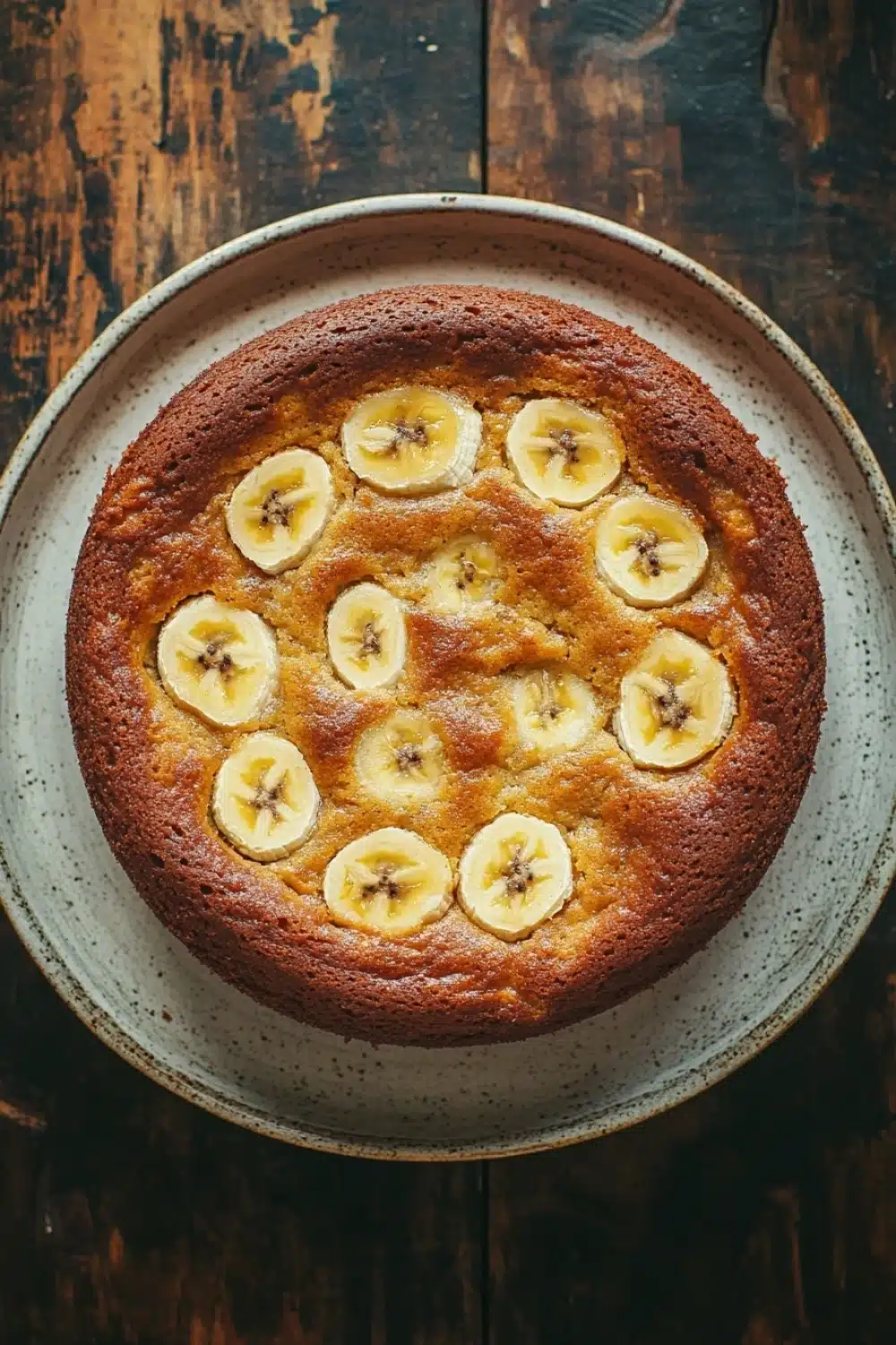 Banana cake allrecipes - the image is a close-up of a round cake on a white plate. the cake appears to be freshly baked and has a golden brown crust on top. on top of the cake, there are several sliced bananas arranged in a circular pattern. the bananas are yellow and appear to be ripe and juicy. the plate is sitting on a wooden table with a rustic, weathered look. the overall mood of the image is warm and inviting.