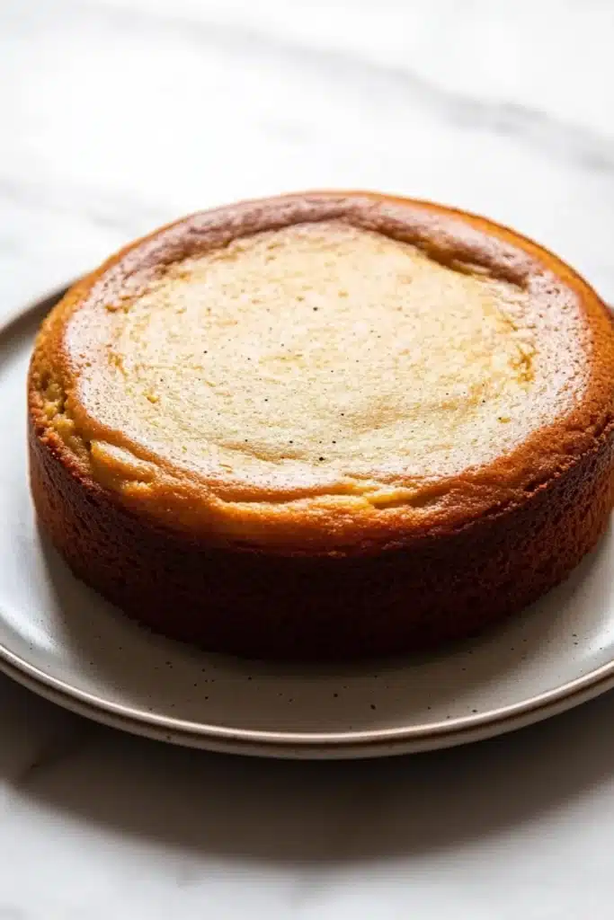 Banana cake allrecipes - the image is a close-up of a round cake on a white plate. the cake appears to be freshly baked and has a golden brown crust on top. the top of the cake is smooth and fluffy, with a light dusting of powdered sugar on top, giving it a golden-brown color. the plate is round and has thin edges. the background is a white marble countertop.