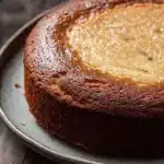Banana cake made with cake mix - the image is a close-up of a round cake on a gray plate. the cake appears to be freshly baked and has a golden brown crust on top. the top of the cake is covered in a layer of yellow-colored frosting, which looks like a custard or custard-like substance. the plate is placed on a wooden table with a rustic, weathered appearance. the background is blurred, making the cake the focal point of the image.