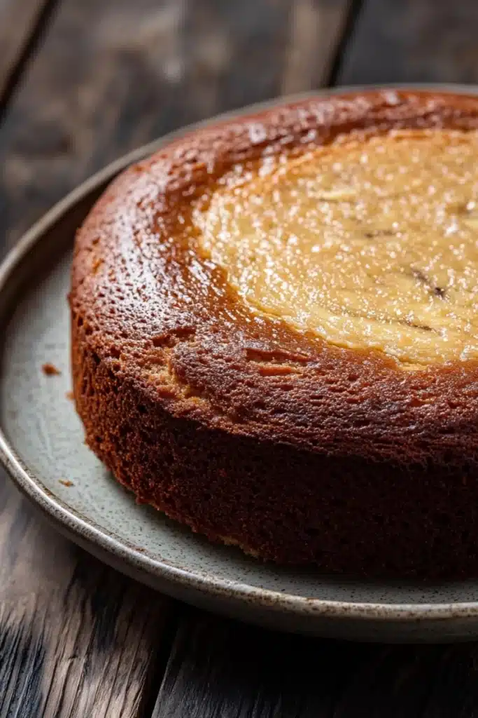 Banana cake made with cake mix - the image is a close-up of a round cake on a gray plate. the cake appears to be freshly baked and has a golden brown crust on top. the top of the cake is covered in a layer of yellow-colored frosting, which looks like a custard or custard-like substance. the plate is placed on a wooden table with a rustic, weathered appearance. the background is blurred, making the cake the focal point of the image.