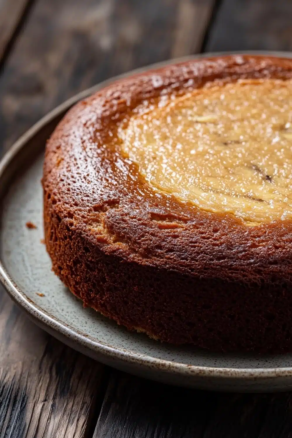 Banana cake made with cake mix - the image is a close-up of a round cake on a gray plate. the cake appears to be freshly baked and has a golden brown crust on top. the top of the cake is covered in a layer of yellow-colored frosting, which looks like a custard or custard-like substance. the plate is placed on a wooden table with a rustic, weathered appearance. the background is blurred, making the cake the focal point of the image.