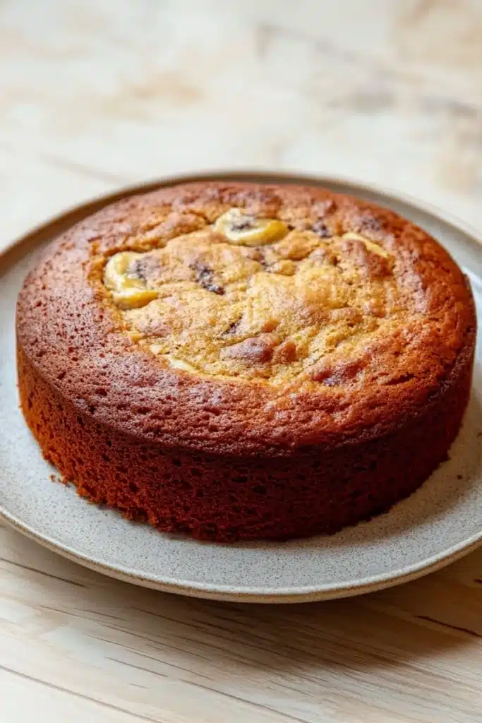 Banana cake made with cake mix - the image is of a round cake on a white plate. the cake appears to be freshly baked and has a golden brown color. it has a crumbly texture on top, with small pieces of chocolate chips scattered throughout. the plate is sitting on a wooden table with a light-colored surface. the background is blurred, making the cake the focal point of the image.