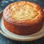 Banana cake no buttermilk - the image is a close-up of a round cake on a white plate. the cake appears to be freshly baked and has a golden brown crust on top. the top of the cake is covered in a layer of powdered sugar, giving it a shiny appearance. the plate is placed on a dark, textured surface, possibly a table or countertop. the background is blurred, making the cake the focal point of the image.