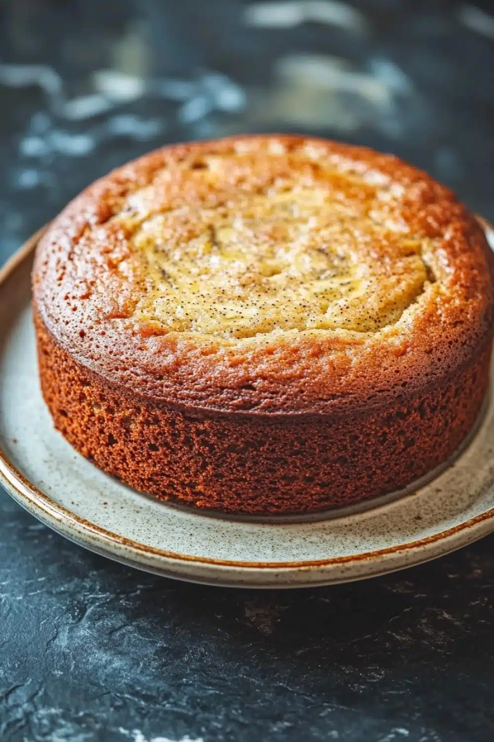 Banana cake no buttermilk - the image is a close-up of a round cake on a white plate. the cake appears to be freshly baked and has a golden brown crust on top. the top of the cake is covered in a layer of powdered sugar, giving it a shiny appearance. the plate is placed on a dark, textured surface, possibly a table or countertop. the background is blurred, making the cake the focal point of the image.