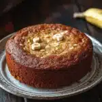 Banana cake no buttermilk - the image shows a round cake on a white plate on a wooden table. the cake appears to be a chocolate cake with a golden brown crust and a layer of caramelized bananas on top. the bananas are arranged in a circular pattern on the top of the cake, with some of them overlapping each other. in the background, there are two whole bananas and a wooden tray. the overall mood of the image is rustic and homey.