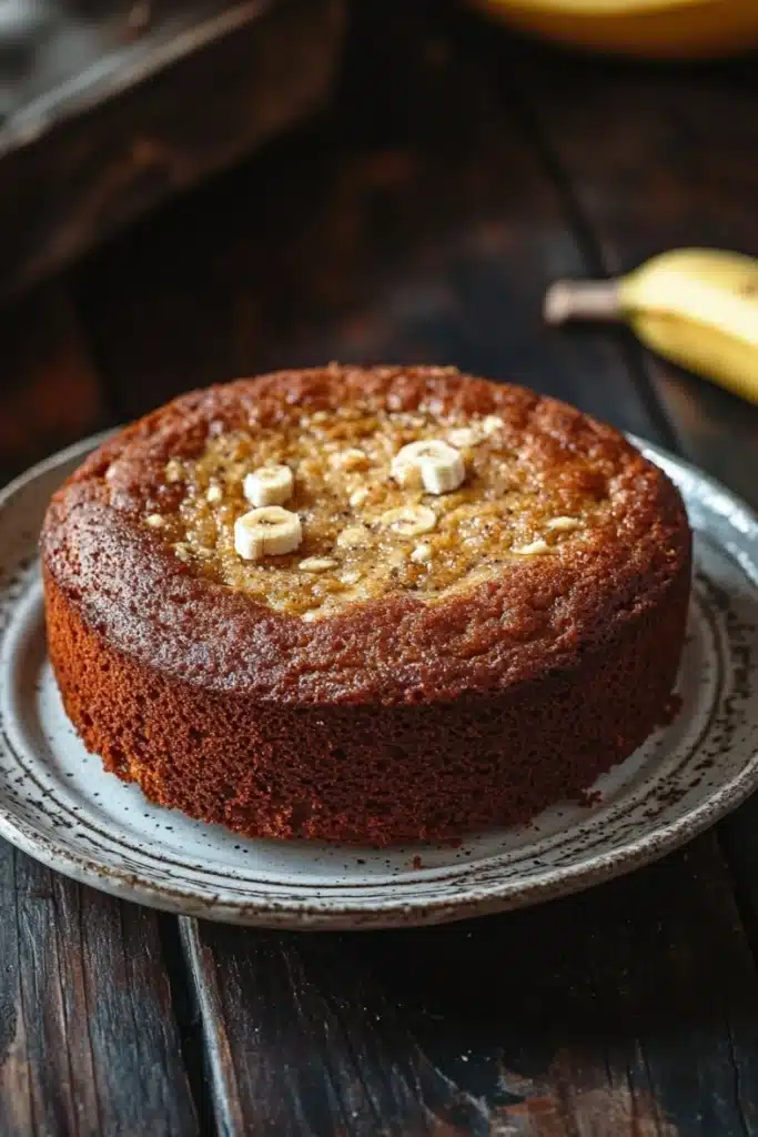 Banana cake no buttermilk - the image shows a round cake on a white plate on a wooden table. the cake appears to be a chocolate cake with a golden brown crust and a layer of caramelized bananas on top. the bananas are arranged in a circular pattern on the top of the cake, with some of them overlapping each other. in the background, there are two whole bananas and a wooden tray. the overall mood of the image is rustic and homey.