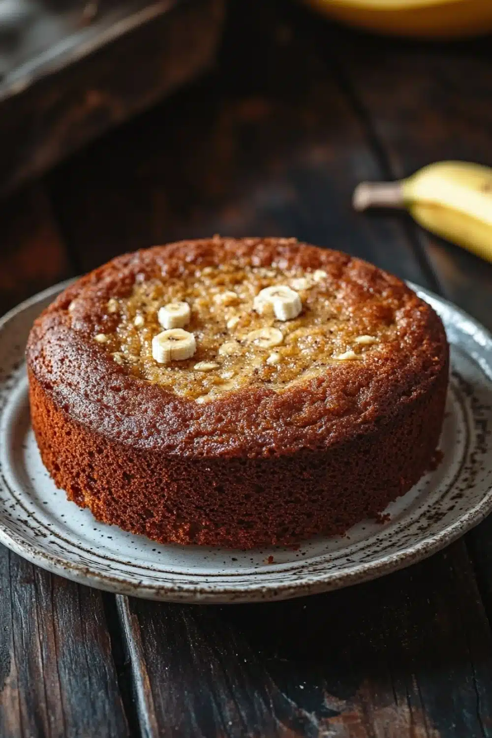 Banana cake no buttermilk - the image shows a round cake on a white plate on a wooden table. the cake appears to be a chocolate cake with a golden brown crust and a layer of caramelized bananas on top. the bananas are arranged in a circular pattern on the top of the cake, with some of them overlapping each other. in the background, there are two whole bananas and a wooden tray. the overall mood of the image is rustic and homey.