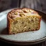 Banana cake snap - the image shows a slice of cake on a blue plate. the cake appears to be freshly baked and has a golden brown crust on top. it is topped with chopped nuts, giving it a crunchy texture. the plate is sitting on a wooden table, and the background is blurred, making the cake the focal point of the image.