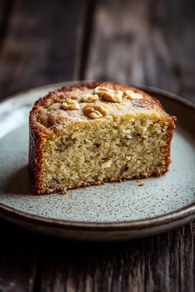 Banana cake snap - the image shows a slice of cake on a blue plate. the cake appears to be freshly baked and has a golden brown crust on top. it is topped with chopped nuts, giving it a crunchy texture. the plate is sitting on a wooden table, and the background is blurred, making the cake the focal point of the image.