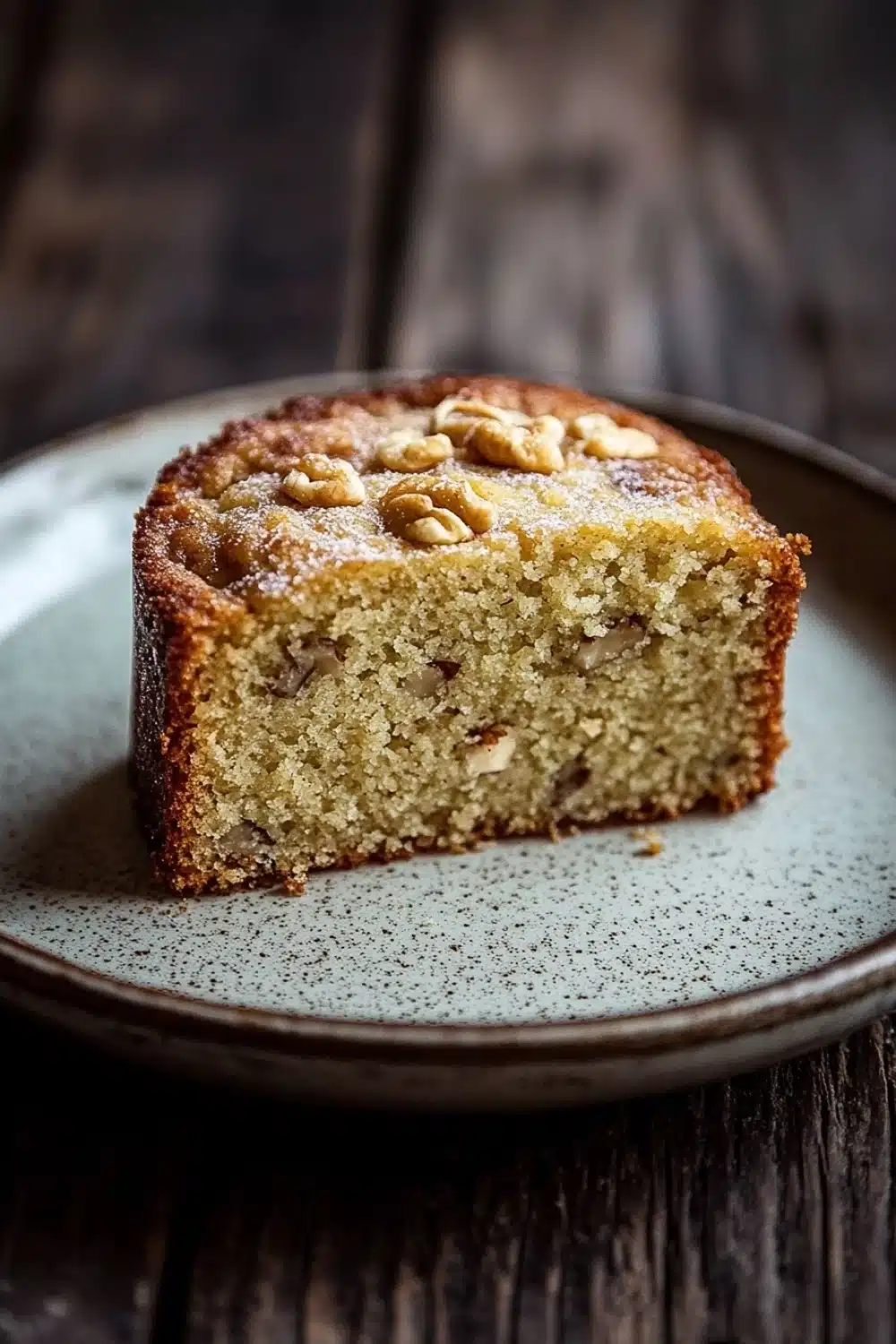 Banana cake snap - the image shows a slice of cake on a blue plate. the cake appears to be freshly baked and has a golden brown crust on top. it is topped with chopped nuts, giving it a crunchy texture. the plate is sitting on a wooden table, and the background is blurred, making the cake the focal point of the image.