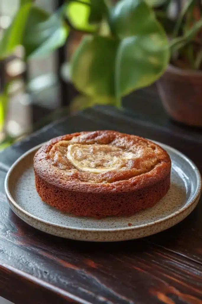 Banana cake snap - the image shows a round cake on a blue and white plate. the cake appears to be a bundt cake with a golden brown crust and a swirl of butter on top. the plate is placed on a wooden table with a potted plant in the background. the overall mood of the image is warm and inviting.