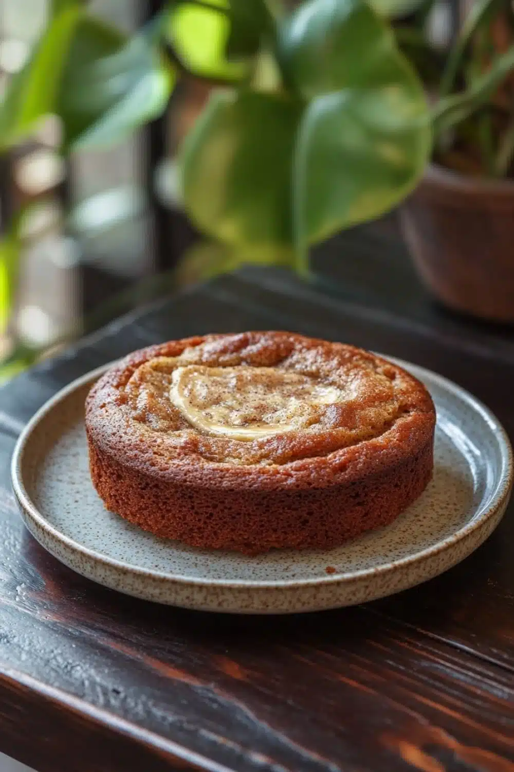 Banana cake snap - the image shows a round cake on a blue and white plate. the cake appears to be a bundt cake with a golden brown crust and a swirl of butter on top. the plate is placed on a wooden table with a potted plant in the background. the overall mood of the image is warm and inviting.