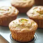 Banana muffin with applesauce and zucchini - the image shows a group of freshly baked muffins in a muffin tin. the muffins are golden brown in color and have a crumbly texture. they are arranged in a row on a wooden surface, and the background is blurred, making the muffins the focal point of the image.