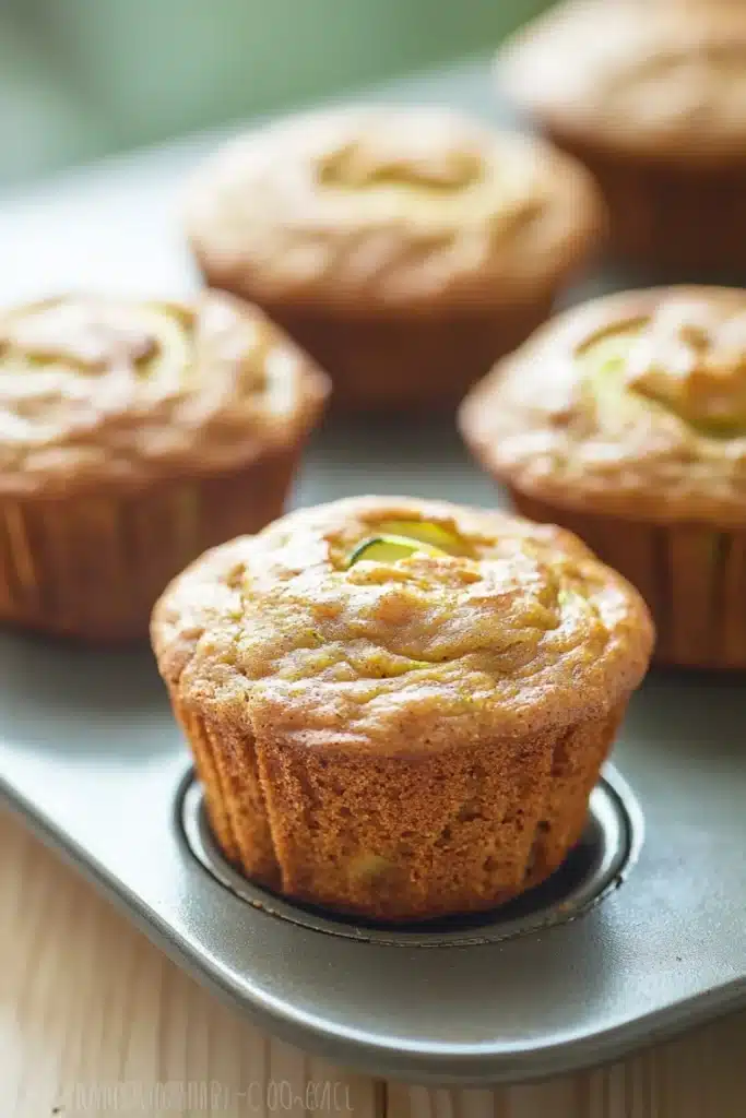 Banana muffin with applesauce and zucchini - the image shows a group of freshly baked muffins in a muffin tin. the muffins are golden brown in color and have a crumbly texture. they are arranged in a row on a wooden surface, and the background is blurred, making the muffins the focal point of the image.