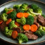 Beef and broccoli stir fry with carrots - the image is a close-up of a plate of stir-fry with beef and broccoli. the beef is cooked medium-rare and appears to be beef tenderloin. the broccoli is bright green and looks fresh and healthy. there are also small pieces of orange carrots scattered throughout the dish. the plate is blue and has a textured surface. the background is dark, making the colors of the dish stand out.