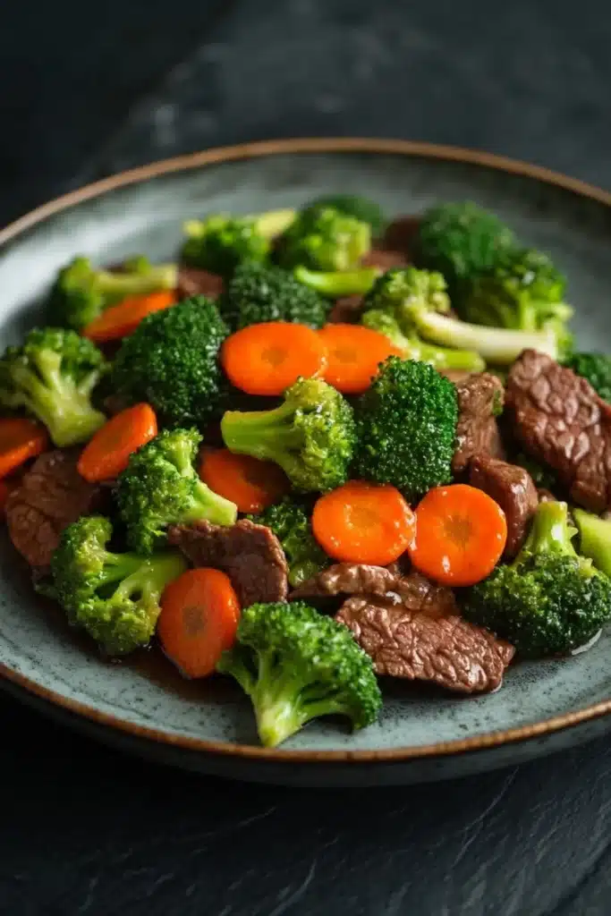 Beef and broccoli stir fry with carrots - the image is a close-up of a plate of stir-fry with beef and broccoli. the beef is cooked medium-rare and appears to be beef tenderloin. the broccoli is bright green and looks fresh and healthy. there are also small pieces of orange carrots scattered throughout the dish. the plate is blue and has a textured surface. the background is dark, making the colors of the dish stand out.