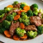Beef and broccoli stir fry with carrots - the image is a close-up of a plate of stir-fry with beef and broccoli. the beef is cooked medium-rare and appears to be seasoned with herbs and spices. the broccoli is bright green and looks fresh and healthy. there are also small pieces of orange carrots scattered throughout the dish. the plate is white with a speckled pattern and is sitting on a wooden table.