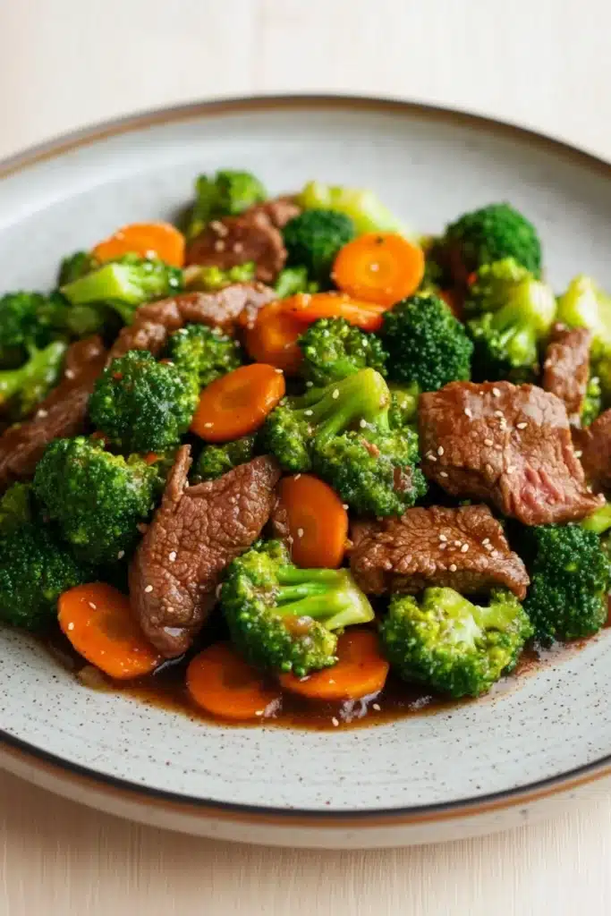 Beef and broccoli stir fry with carrots - the image is a close-up of a plate of stir-fry with beef and broccoli. the beef is cooked medium-rare and appears to be seasoned with herbs and spices. the broccoli is bright green and looks fresh and healthy. there are also small pieces of orange carrots scattered throughout the dish. the plate is white with a speckled pattern and is sitting on a wooden table.