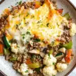 Beef casserole with ground beef and keto - the image is a close-up of a plate of food. the plate is round and has a light brown color with a speckled pattern. the food appears to be a casserole dish with a layer of ground beef, diced vegetables, and a dollop of melted cheese on top. the cheese is golden brown and bubbly, and it is drizzled over the top of the dish. there are also some chopped herbs scattered throughout the dish, adding a pop of green color. the dish is served on a white marble countertop.