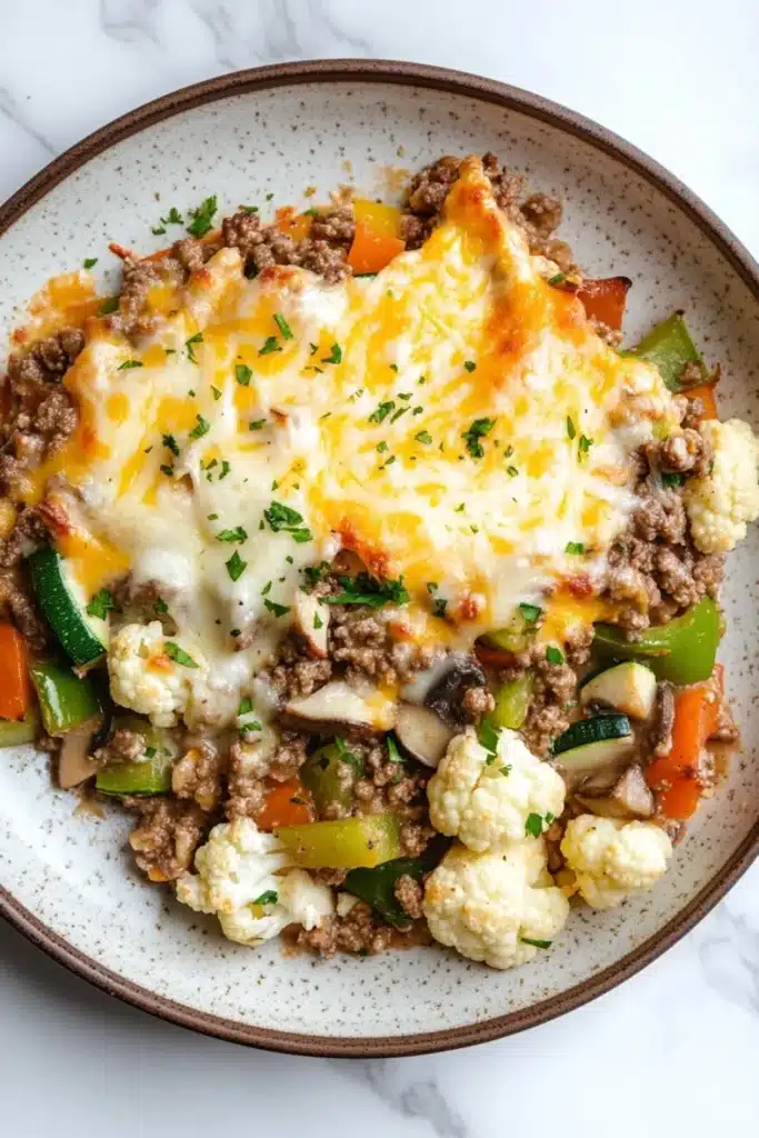 Beef casserole with ground beef and keto - the image is a close-up of a plate of food. the plate is round and has a light brown color with a speckled pattern. the food appears to be a casserole dish with a layer of ground beef, diced vegetables, and a dollop of melted cheese on top. the cheese is golden brown and bubbly, and it is drizzled over the top of the dish. there are also some chopped herbs scattered throughout the dish, adding a pop of green color. the dish is served on a white marble countertop.