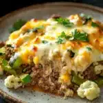 Beef casserole with ground beef and keto - the image shows a plate of food with a slice taken out of it. the dish appears to be a casserole or lasagna, with a layer of ground beef, green bell peppers, and cauliflower on top. the cheese is melted and bubbly, and there are a few sprigs of parsley scattered on top of the dish. the plate is brown and has a textured surface. in the background, there is another plate with more of the same dish, but it is slightly blurred. the overall color scheme of the image is warm and inviting.