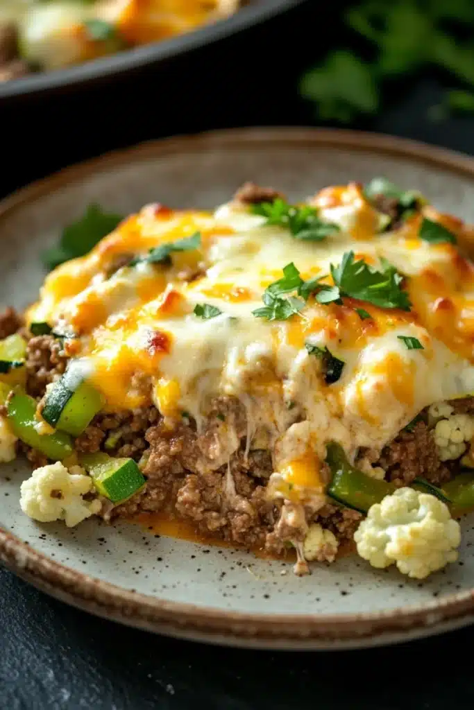 Beef casserole with ground beef and keto - the image shows a plate of food with a slice taken out of it. the dish appears to be a casserole or lasagna, with a layer of ground beef, green bell peppers, and cauliflower on top. the cheese is melted and bubbly, and there are a few sprigs of parsley scattered on top of the dish. the plate is brown and has a textured surface. in the background, there is another plate with more of the same dish, but it is slightly blurred. the overall color scheme of the image is warm and inviting.
