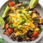 Beef quinoa taco skillet - the image is a close-up of a bowl of quinoa salad. the bowl is made of a light-colored ceramic material and is placed on a white marble countertop. the salad is made up of black beans, quinoa, diced tomatoes, red onions, and green onions, topped with melted cheese and cilantro. there are also two lime wedges on the side of the bowl. the ingredients are arranged in a colorful and appetizing manner.
