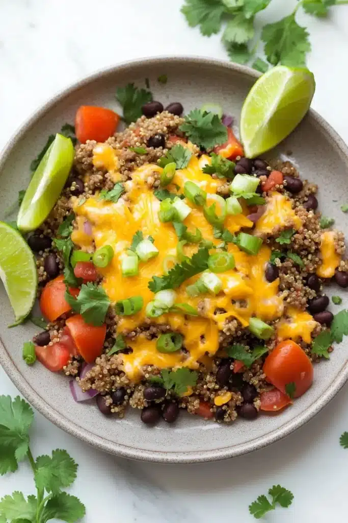 Beef quinoa taco skillet - the image is a close-up of a bowl of quinoa salad. the bowl is made of a light-colored ceramic material and is placed on a white marble countertop. the salad is made up of black beans, quinoa, diced tomatoes, red onions, and green onions, topped with melted cheese and cilantro. there are also two lime wedges on the side of the bowl. the ingredients are arranged in a colorful and appetizing manner.