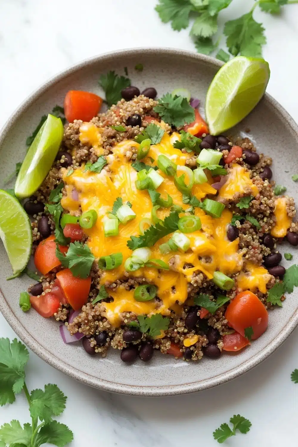 Beef quinoa taco skillet - the image is a close-up of a bowl of quinoa salad. the bowl is made of a light-colored ceramic material and is placed on a white marble countertop. the salad is made up of black beans, quinoa, diced tomatoes, red onions, and green onions, topped with melted cheese and cilantro. there are also two lime wedges on the side of the bowl. the ingredients are arranged in a colorful and appetizing manner.