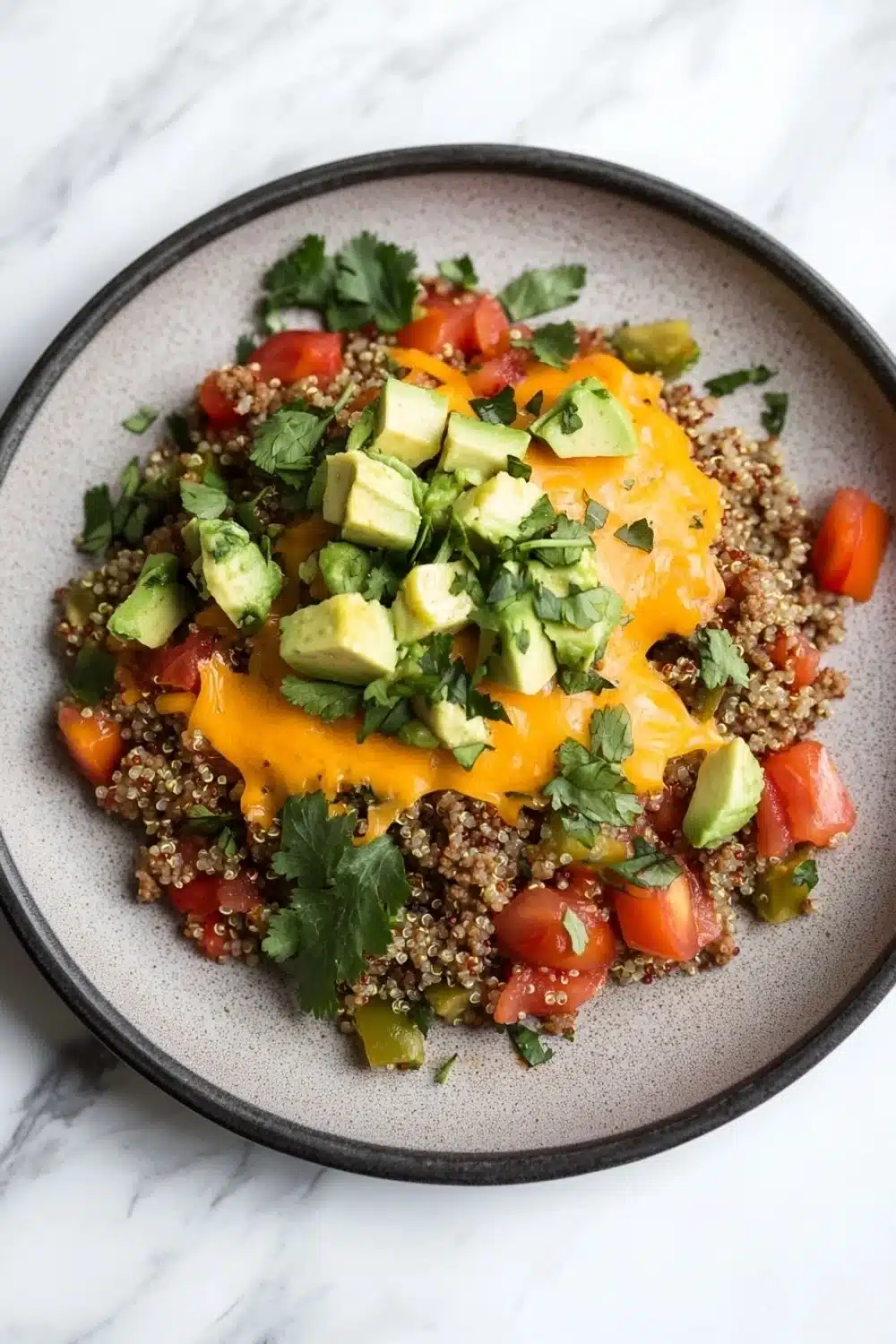 Beef quinoa taco skillet - the image is a close-up of a plate of food. the plate is round and has a gray rim. the food appears to be a quinoa salad with diced tomatoes, avocado, and cilantro scattered throughout. the quinoa is a light brown color and the avocado is cut into small cubes. the avocado is a bright yellow color and is placed on top of the quinoa. the cilantro is a dark green color and adds a pop of color to the dish. the background is a white marble countertop.