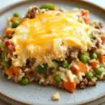 Beef rice veggie casserole - the image shows a plate of food with a slice of lasagna on it. the lasagna is made with layers of rice, ground beef, peas, carrots, and other vegetables. the top of the lasagna has a layer of melted cheese on top, which is golden brown and bubbly. the plate is light blue with a speckled pattern. the background is blurred, but it appears to be a wooden table.