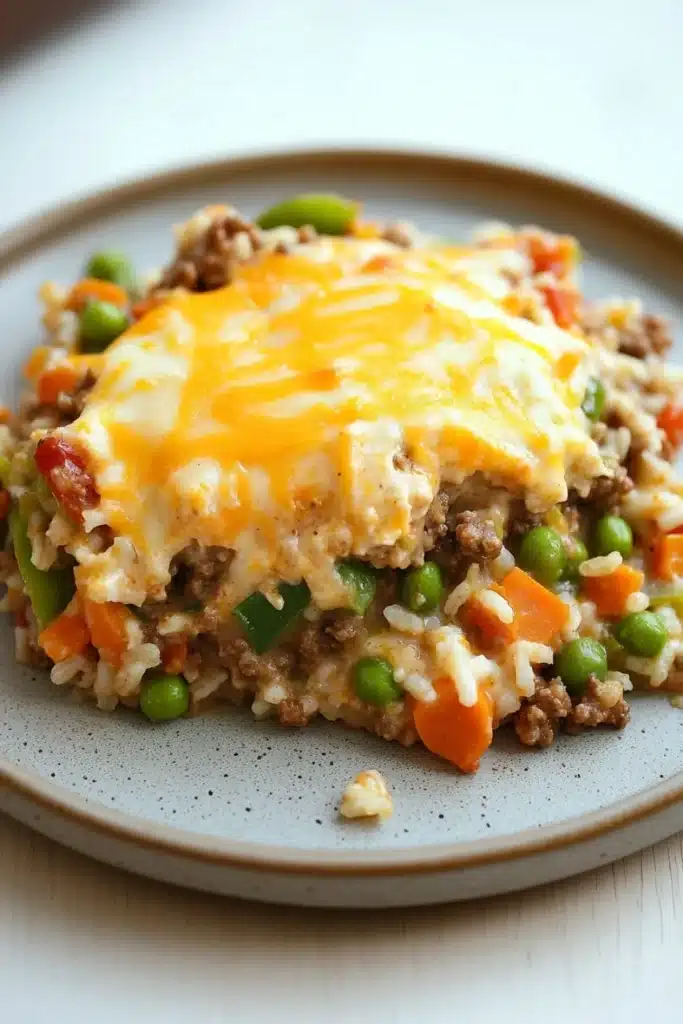 Beef rice veggie casserole - the image shows a plate of food with a slice of lasagna on it. the lasagna is made with layers of rice, ground beef, peas, carrots, and other vegetables. the top of the lasagna has a layer of melted cheese on top, which is golden brown and bubbly. the plate is light blue with a speckled pattern. the background is blurred, but it appears to be a wooden table.
